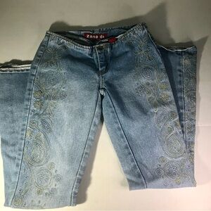 Zana Di Y2K Vintage Women's Low Rise Light Blue Embroidered Flare Leg Jeans